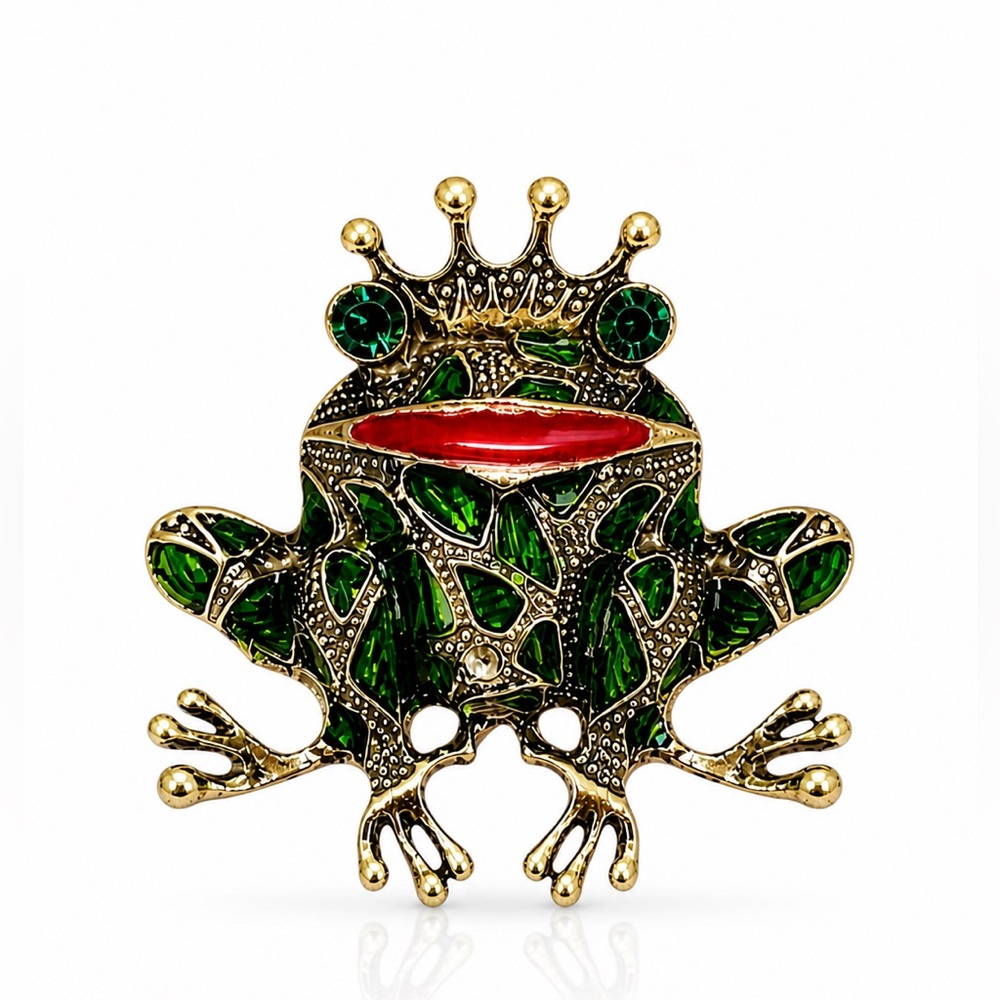 Vintage-Gold Tone Frog Brooch with Green and Red Enamel